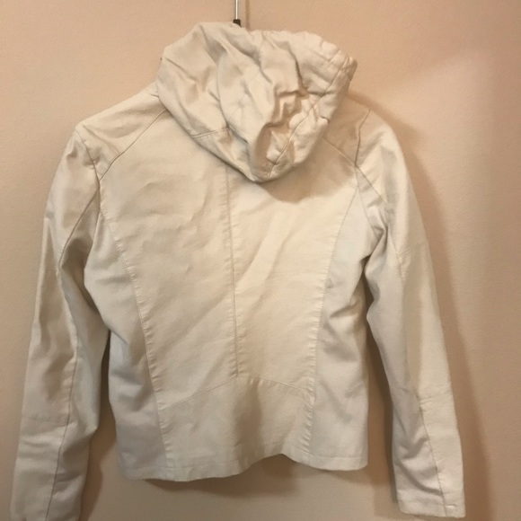 GUESS Brand Leather Jacket Off White Color with Front Zipper and Hood - Picture 3 of 4
